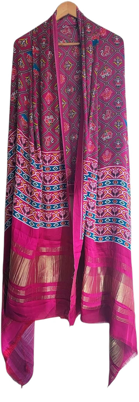 Printed Modal Silk Patola Print Dupatta, Traditional Indian Scarf with Geometric Motifs, Digital Print Design