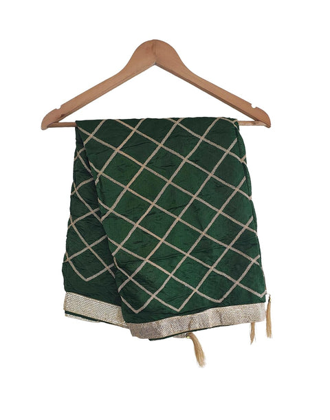 Indis Scarves Silk Embroidery Dupatta with Gold Grid Pattern, Traditional Ethnic Shawl Wrap with Tassel Detail