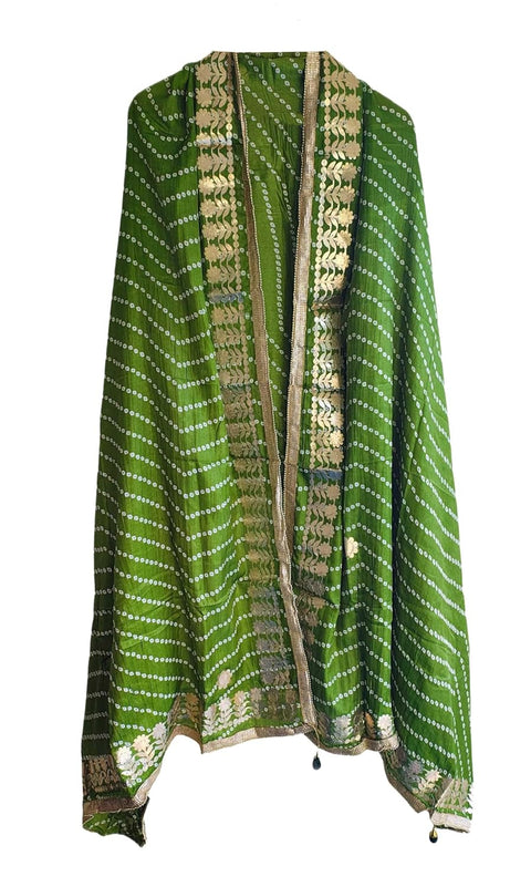 Bandhani Print Dupatta with Golden Floral Lace Border, Lightweight Ethnic Silk for Women