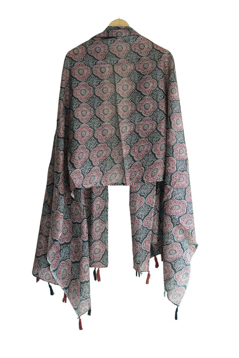 Traditional Ajrakh Print Cotton Stole, Black, Mandala Pattern with Tassels