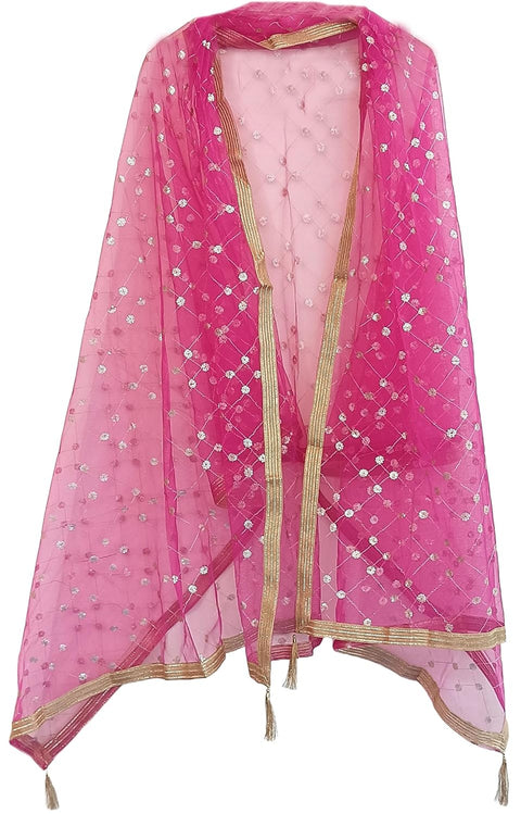 Traditional Embroidered Net Dupatta with Golden Border, Red Sequined Scarf, Diamond Pattern Dupatta, Chunni