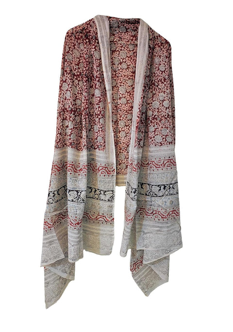 Hand Block Printed Kalamkari Stole - Traditional Indian Floral Scarves (73x194 cm)(Dark Red)