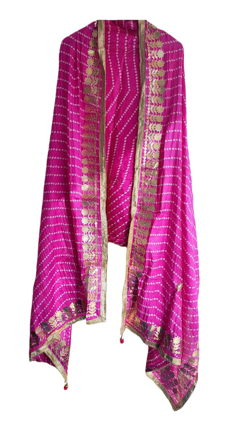 Bandhani Print Dupatta with Golden Floral Lace Border, Lightweight Ethnic Silk for Women