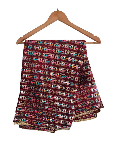 Handcrafted Mirror Work Embroidered Dupatta, Red, Cotton, Traditional Tribal Design, Ethnic Style