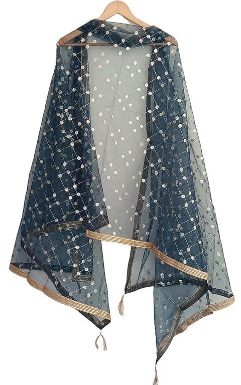 Traditional Embroidered Net Dupatta with Golden Border, Red Sequined Scarf, Diamond Pattern Dupatta, Chunni