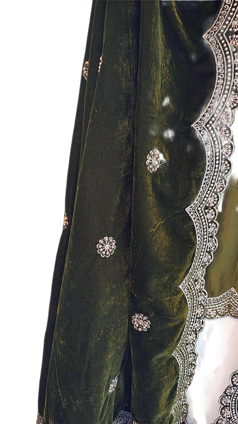 Luxury Micro-Velvet Embroidered Dupatta for Women | Heavy Scalloped Cutwork Border with Butti Work