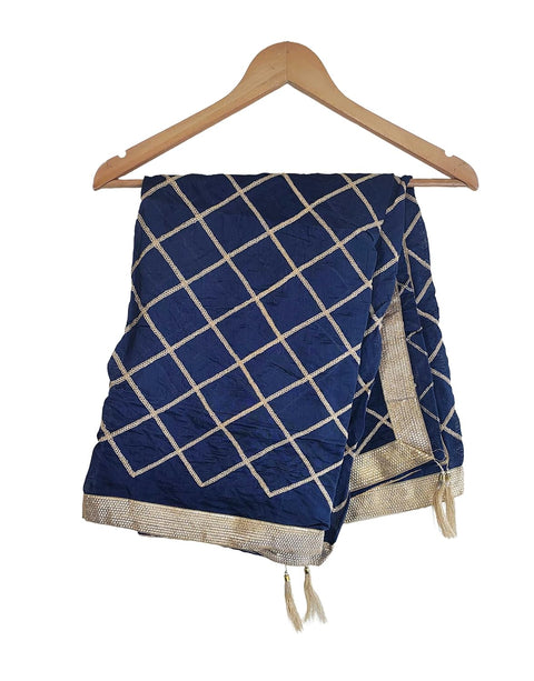 Indis Scarves Silk Embroidery Dupatta with Gold Grid Pattern, Traditional Ethnic Shawl Wrap with Tassel Detail