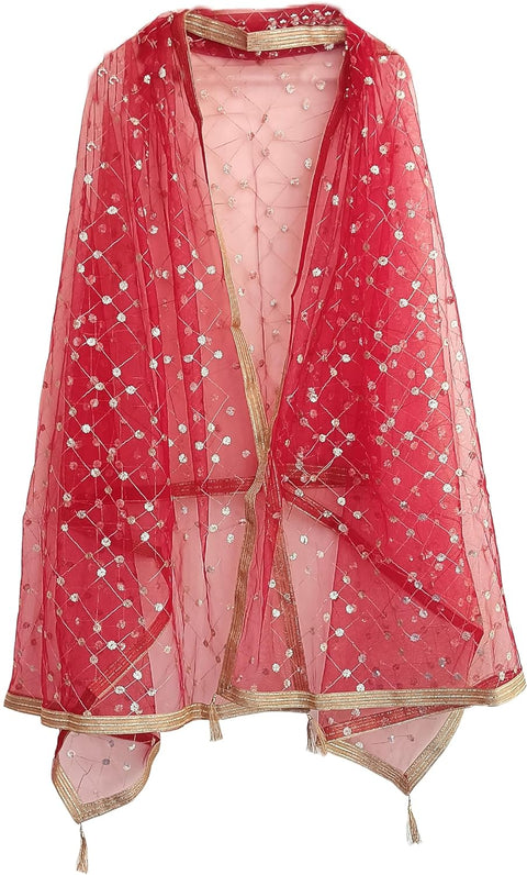 Traditional Embroidered Net Dupatta with Golden Border, Red Sequined Scarf, Diamond Pattern Dupatta, Chunni