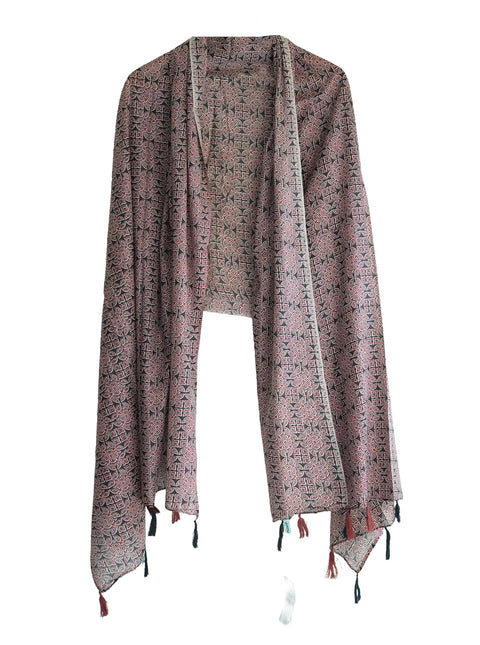 Traditional Ajrakh Print Cotton Stole, Black, Mandala Pattern with Tassels