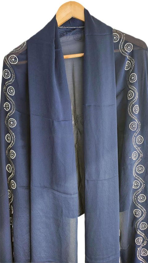 INDISA SCARVE'S FENDI Cut Beads Dupatta, Navy Blue, Embroidered Border, Lightweight Sheer Fabric, Traditional Indian Scarf