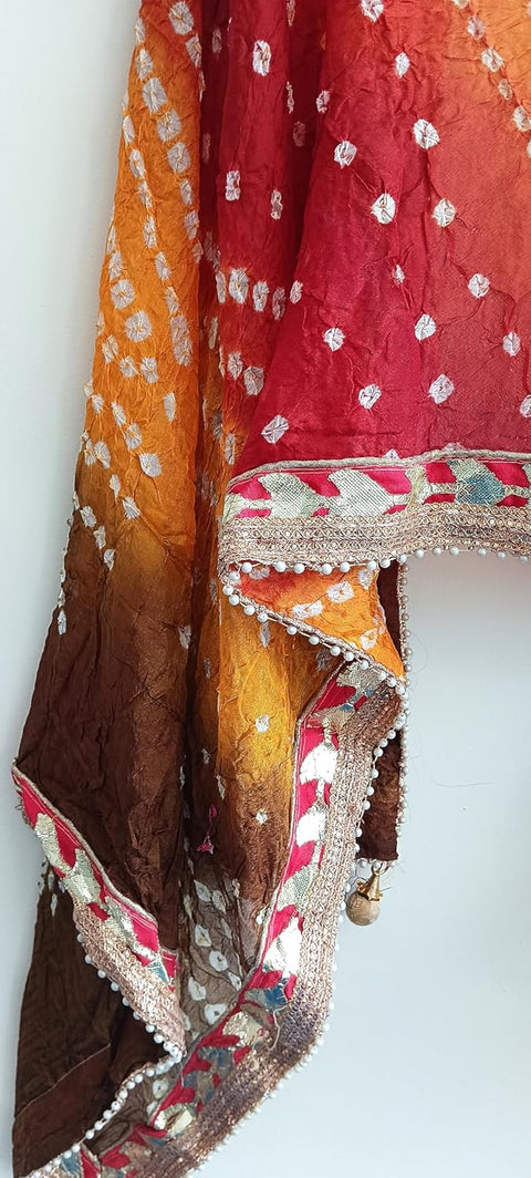 Women's Embellished Pink,Brown And Yellow colour Dupatta: A Touch of Silk & Shimmer Bandhani Work Size 190X98X3