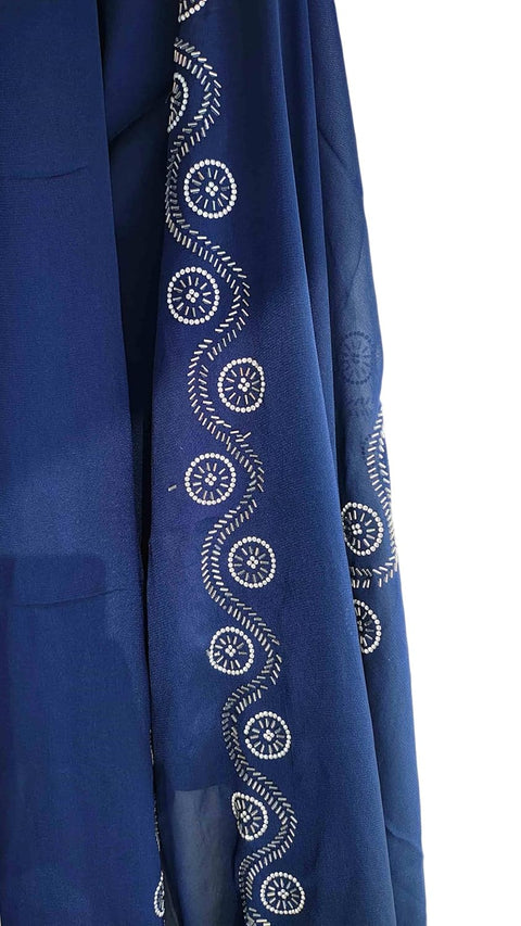 INDISA SCARVE'S FENDI Cut Beads Dupatta, Navy Blue, Embroidered Border, Lightweight Sheer Fabric, Traditional Indian Scarf