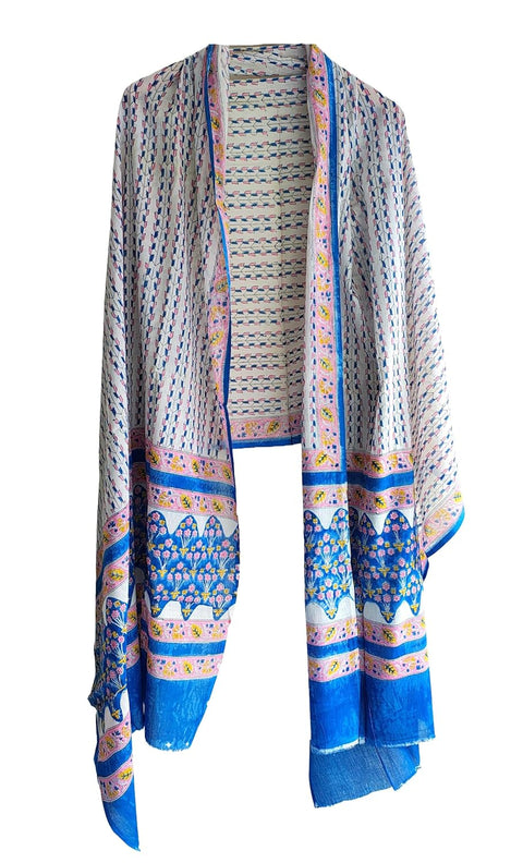 Hand Block Printed Bagru Dupatta in Pure Cotton Malmal (white and Blue Color)
