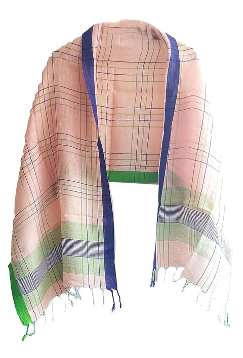 Blue Pink Cheks Pure Linen Soft Stole Size 55 X 190 Cm