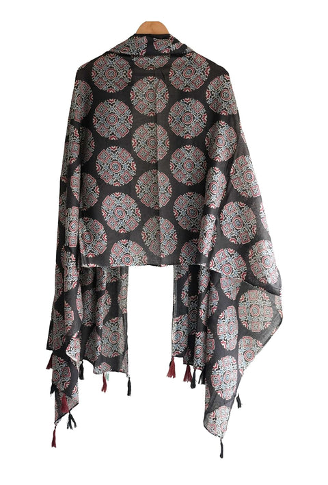 Traditional Ajrakh Print Cotton Stole, Black, Mandala Pattern with Tassels