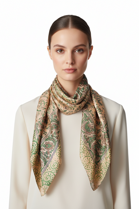 Floral Paisley Print Silk Scarf, Light Weight Square Neck Wrap, Blue and Orange Border Pattern, 100x100 cm