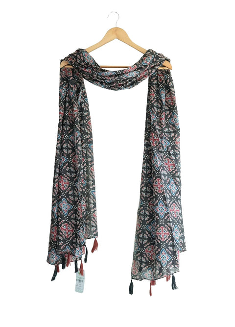 Traditional Ajrakh Print Cotton Stole, Black, Mandala Pattern with Tassels