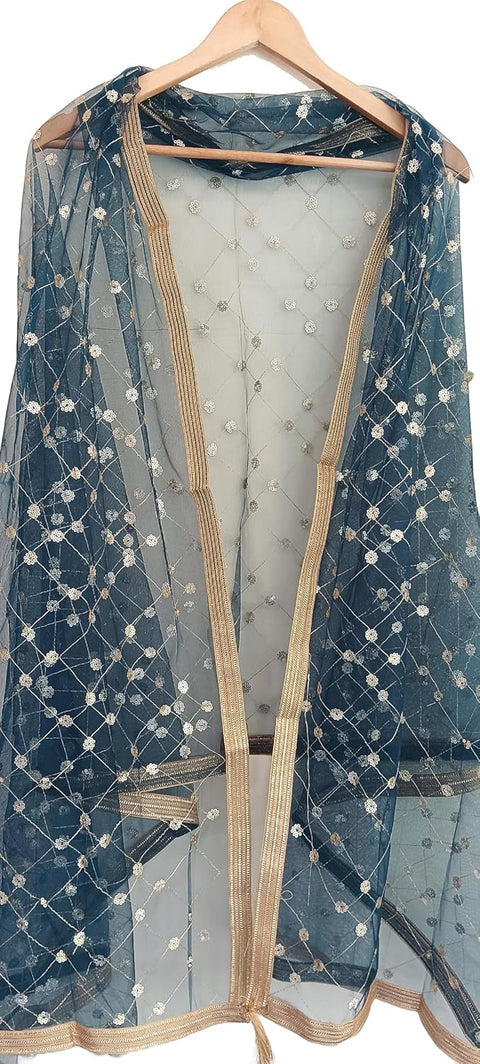 Traditional Embroidered Net Dupatta with Golden Border, Red Sequined Scarf, Diamond Pattern Dupatta, Chunni