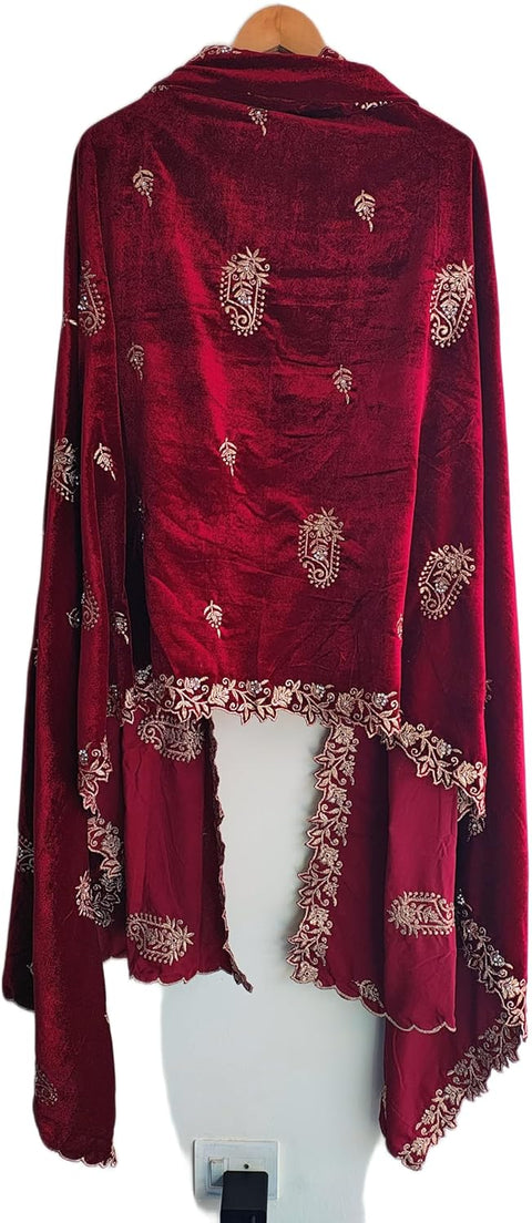 Velvet Dupatta for Women with Gold Zari Embroidery | Dupatta with Scalloped Border