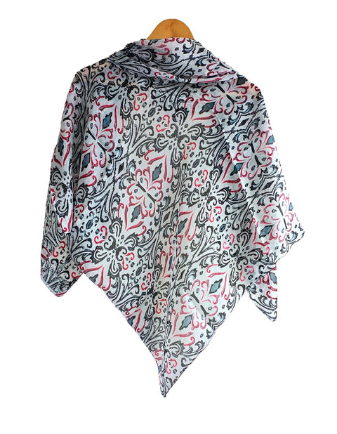 Floral Paisley Print Silk Scarf, Light Weight Square Neck Wrap, Blue and Orange Border Pattern, 100x100 cm