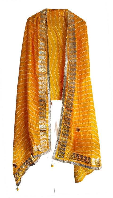 Bandhani Print Dupatta with Golden Floral Lace Border, Lightweight Ethnic Silk for Women