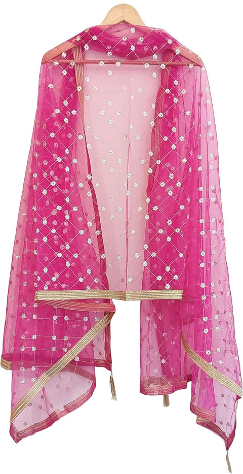 Traditional Embroidered Net Dupatta with Golden Border, Red Sequined Scarf, Diamond Pattern Dupatta, Chunni