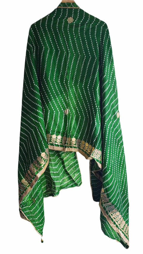Bandhani Print Dupatta with Golden Floral Lace Border, Lightweight Ethnic Silk for Women
