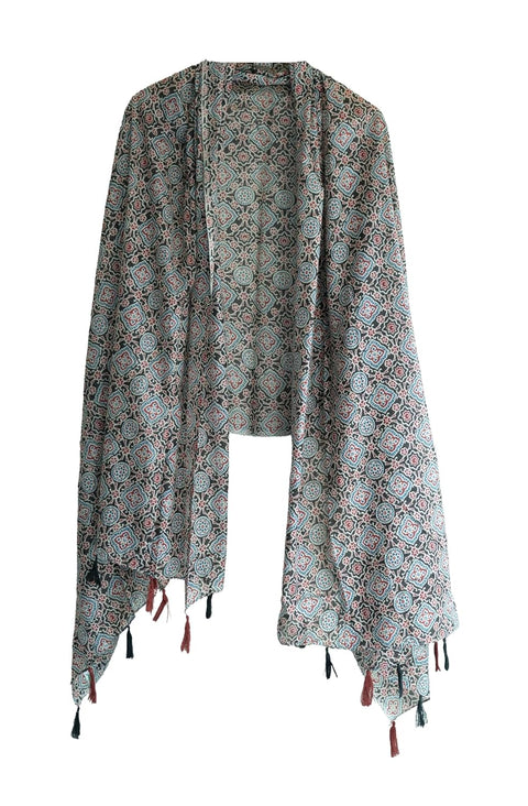 Traditional Ajrakh Print Cotton Stole, Black, Mandala Pattern with Tassels
