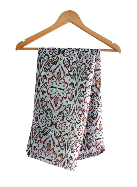 Floral Paisley Print Silk Scarf, Light Weight Square Neck Wrap, Blue and Orange Border Pattern, 100x100 cm