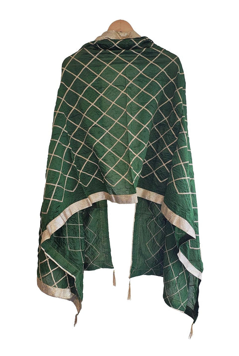Indis Scarves Silk Embroidery Dupatta with Gold Grid Pattern, Traditional Ethnic Shawl Wrap with Tassel Detail