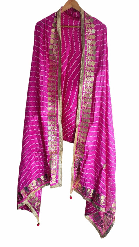 Bandhani Print Dupatta with Golden Floral Lace Border, Lightweight Ethnic Silk for Women