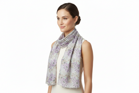 Close-up of Lavender And Grey Silk Stole fabric and print detail
