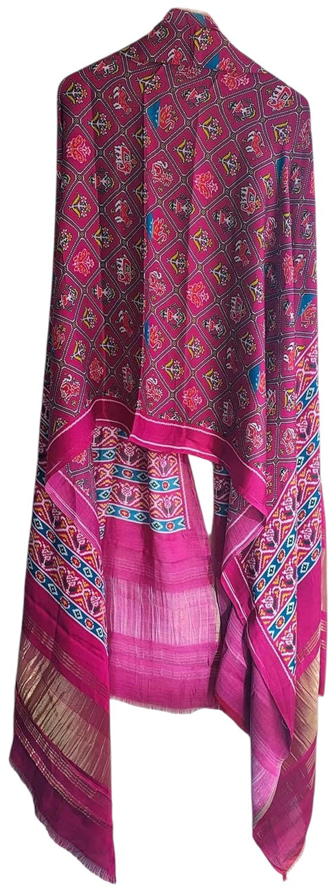 Printed Modal Silk Patola Print Dupatta, Traditional Indian Scarf with Geometric Motifs, Digital Print Design