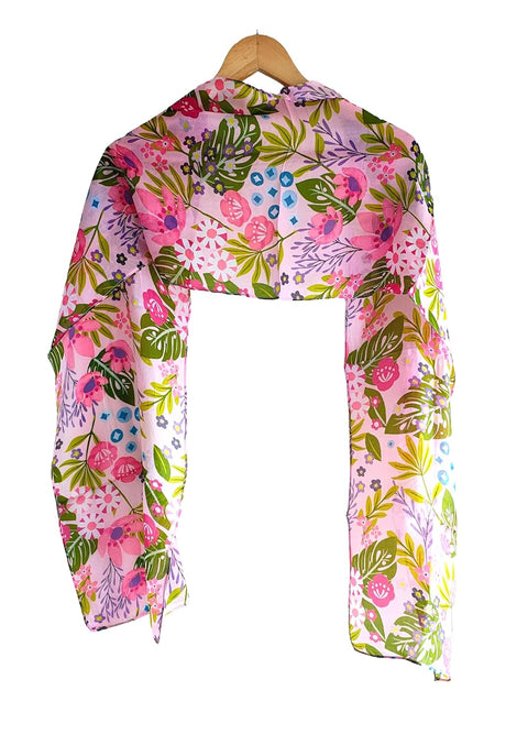 Silk Stole, Prints Multi Color, 51 cm Width x 65 cm Length, Lightweight(Pink And Green)