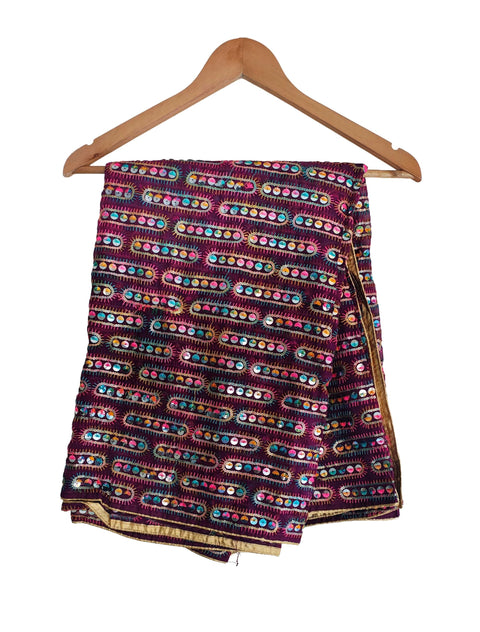 Handcrafted Mirror Work Embroidered Dupatta, Red, Cotton, Traditional Tribal Design, Ethnic Style