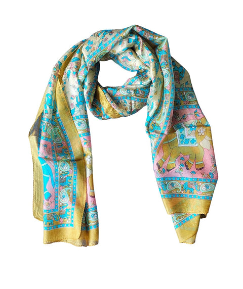 Silk Stole, Prints Multi Color, 51 cm Width x 65 cm Length, Lightweight(Yellow And Blue)
