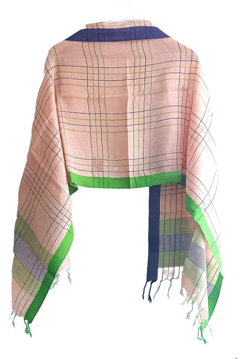 Blue Pink Cheks Pure Linen Soft Stole Size 55 X 190 Cm