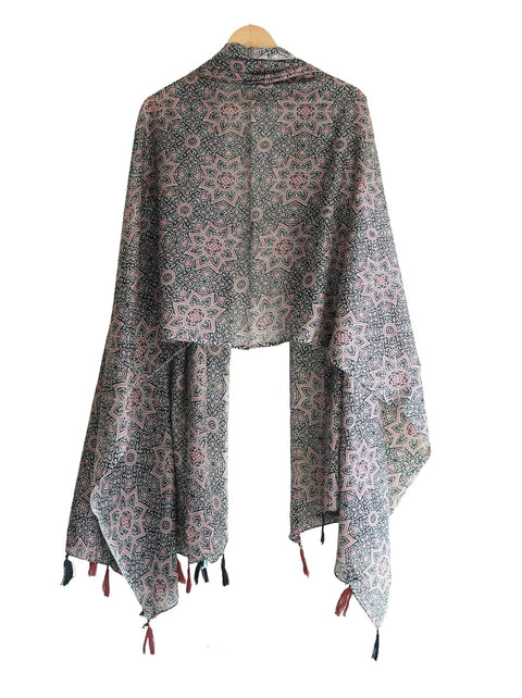 Traditional Ajrakh Print Cotton Stole, Black, Mandala Pattern with Tassels