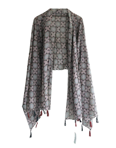 Traditional Ajrakh Print Cotton Stole, Black, Mandala Pattern with Tassels