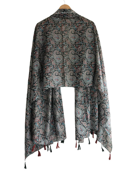 Traditional Ajrakh Print Cotton Stole, Black, Mandala Pattern with Tassels