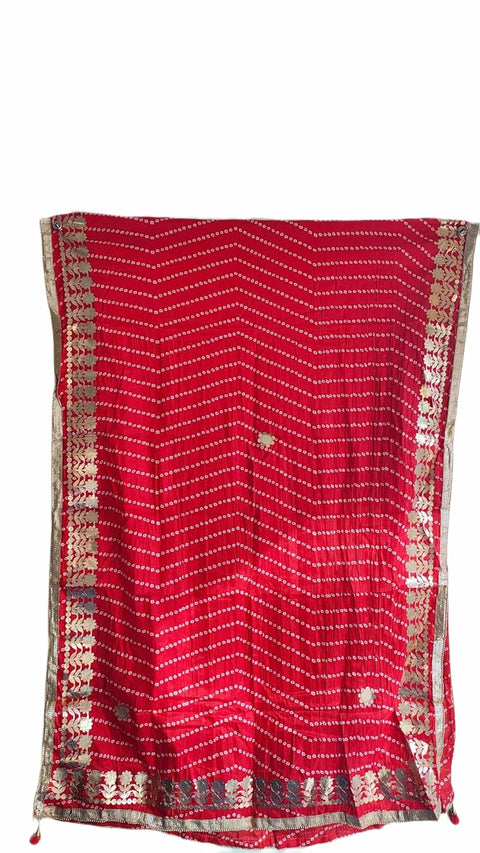 Bandhani Print Dupatta with Golden Floral Lace Border, Lightweight Ethnic Silk for Women