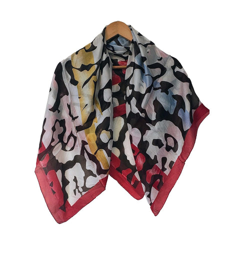 Floral Paisley Print Silk Scarf, Light Weight Square Neck Wrap, Blue and Orange Border Pattern, 100x100 cm