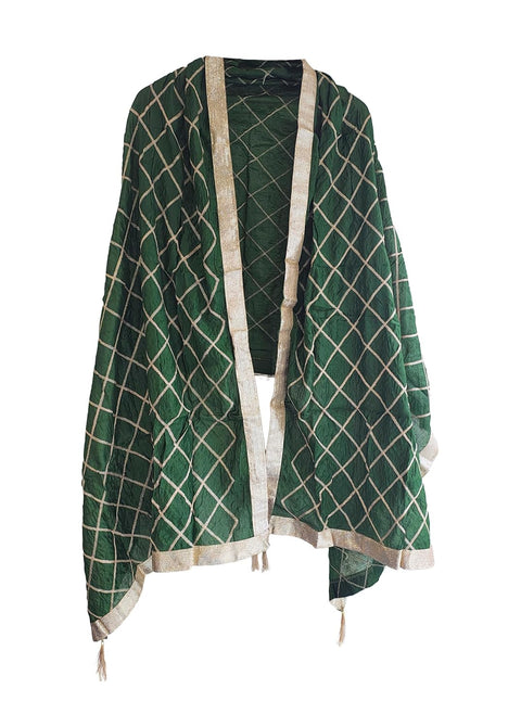 Indis Scarves Silk Embroidery Dupatta with Gold Grid Pattern, Traditional Ethnic Shawl Wrap with Tassel Detail