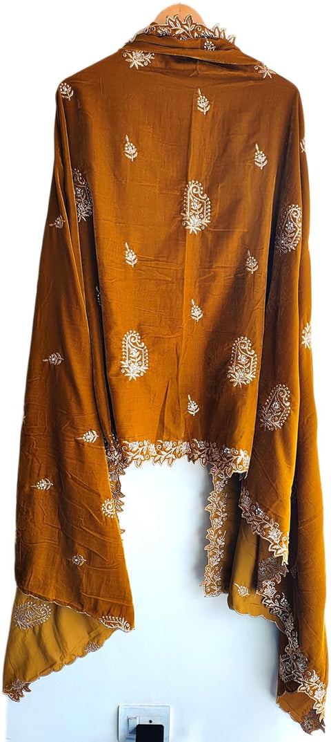Velvet Dupatta for Women with Gold Zari Embroidery | Dupatta with Scalloped Border