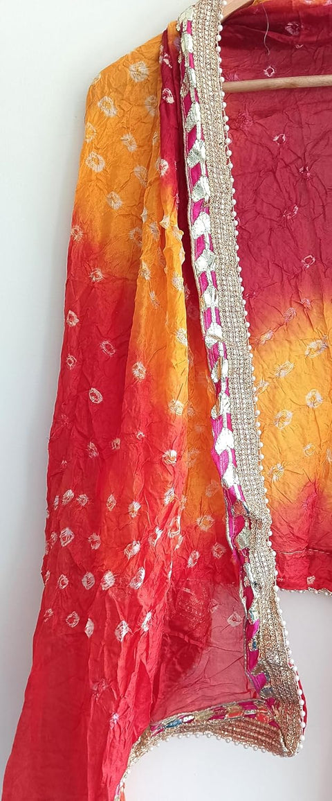Women's Embellished Yellow And Red colour Dupatta: A Touch of Silk & Shimmer Bandhani Work Size 190X98X3