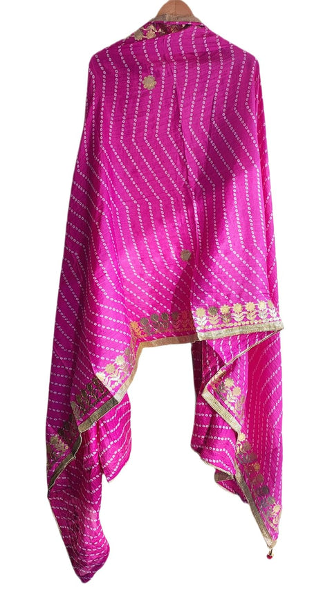 Bandhani Print Dupatta with Golden Floral Lace Border, Lightweight Ethnic Silk for Women