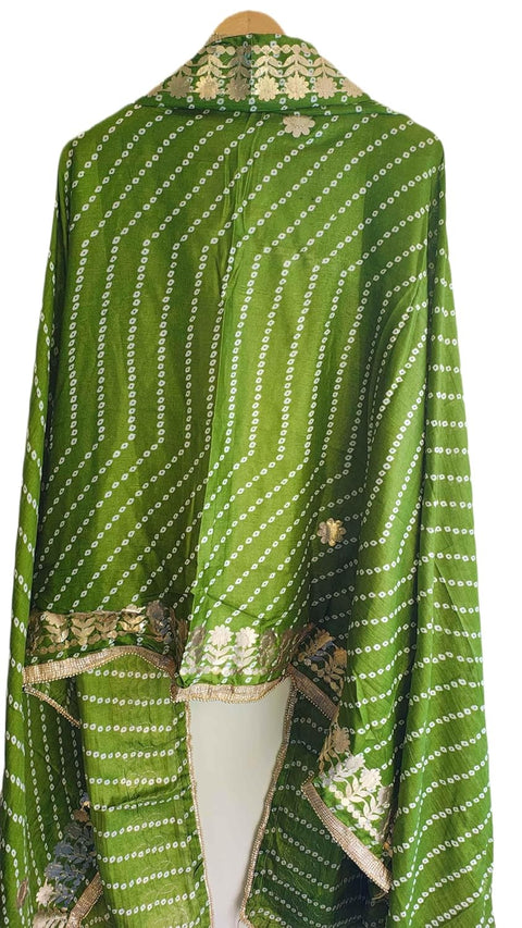 Bandhani Print Dupatta with Golden Floral Lace Border, Lightweight Ethnic Silk for Women