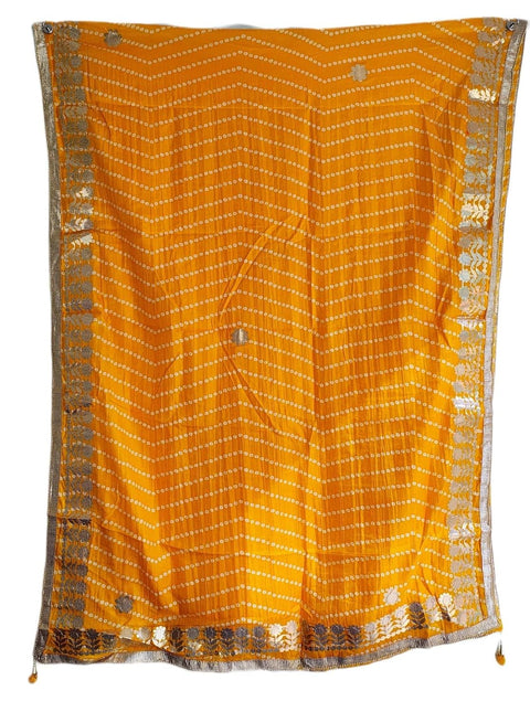Bandhani Print Dupatta with Golden Floral Lace Border, Lightweight Ethnic Silk for Women