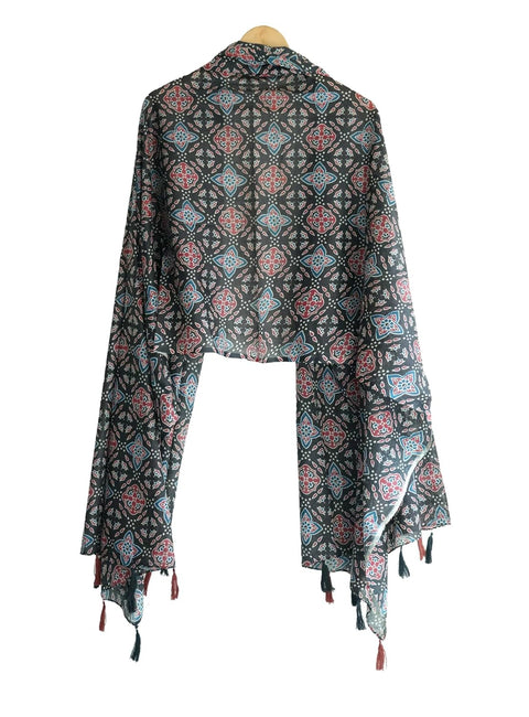 Traditional Ajrakh Print Cotton Stole, Black, Mandala Pattern with Tassels