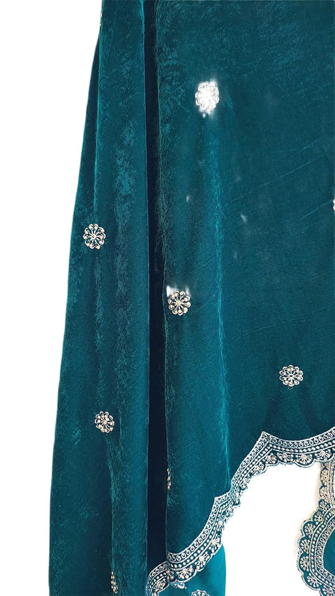 Luxury Micro-Velvet Embroidered Dupatta for Women | Heavy Scalloped Cutwork Border with Butti Work